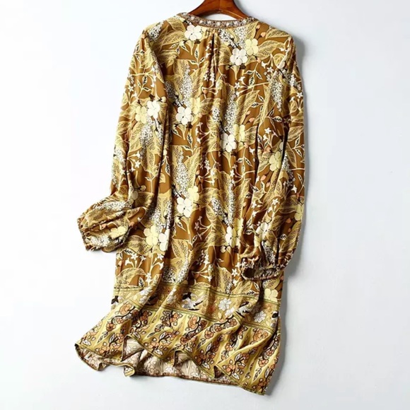 Long Sleeve Boho Floral Gypsy Print Dress Yellow - Picture 5 of 10